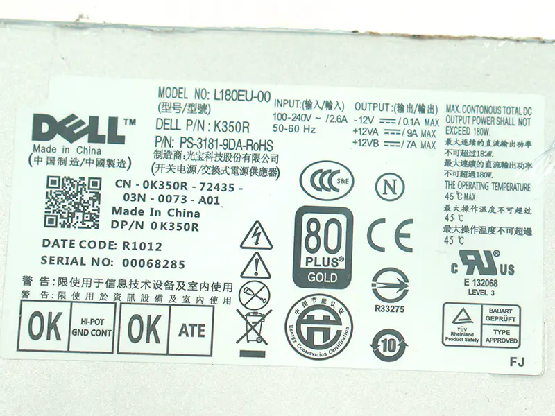 PSU for Dell 780 790 990 7010 9010 180W strømforsyning L180EU-00 F180EU-00 L200EU-00 F200EU-00 C0G5T 6YWW7 M178R